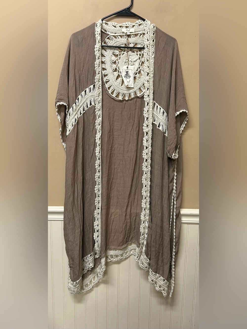Easel Floral Lace Kimono Crochet Cardigan Boho Duster Cream  Tan SZ Small Medium